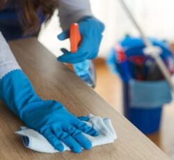 Housemaid,cleans,the,table.mop,and,blue,bucket,with,the,detergents