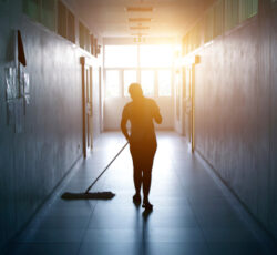 Janitor,woman,mopping,floor,in,hallway,office,building,or,walkway